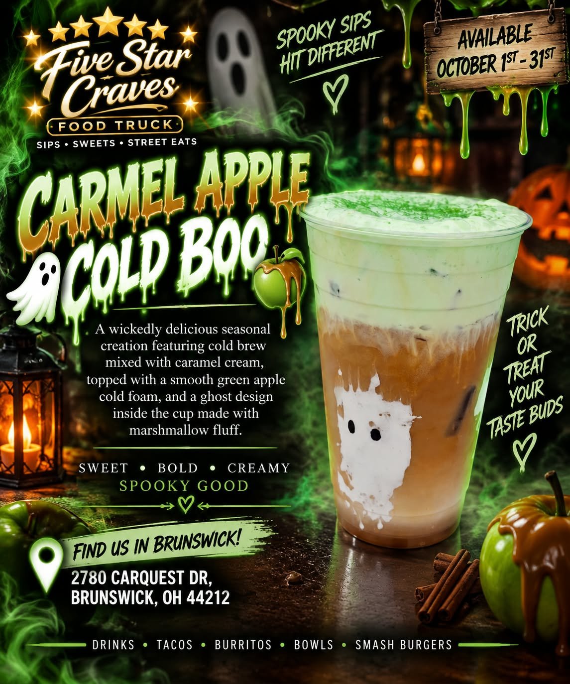 Carmel Apple Cold Boo Halloween cold brew with caramel cream and green apple cold foam