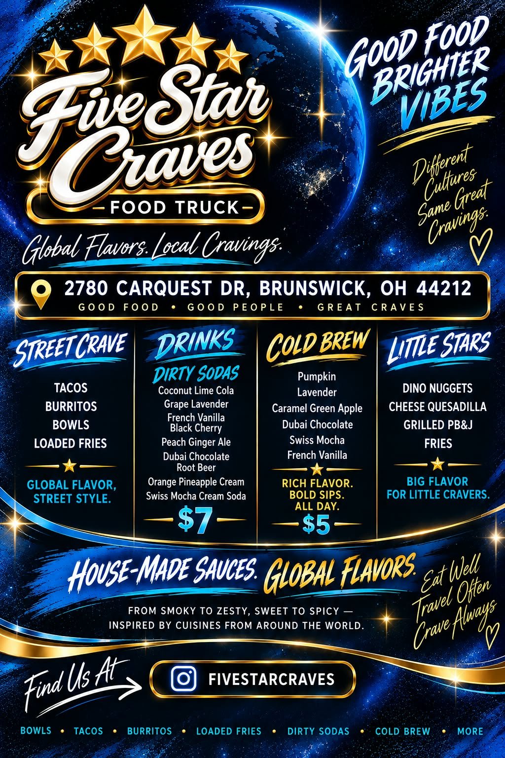 Five Star Craves full menu flyer with street food, dirty sodas, cold brew and kids menu